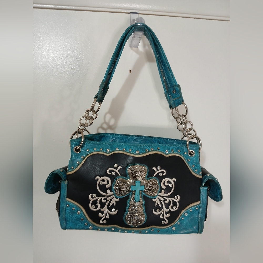 Women's Turquoise Bling Rhinestone Cross concealed carry purse swirl handbag